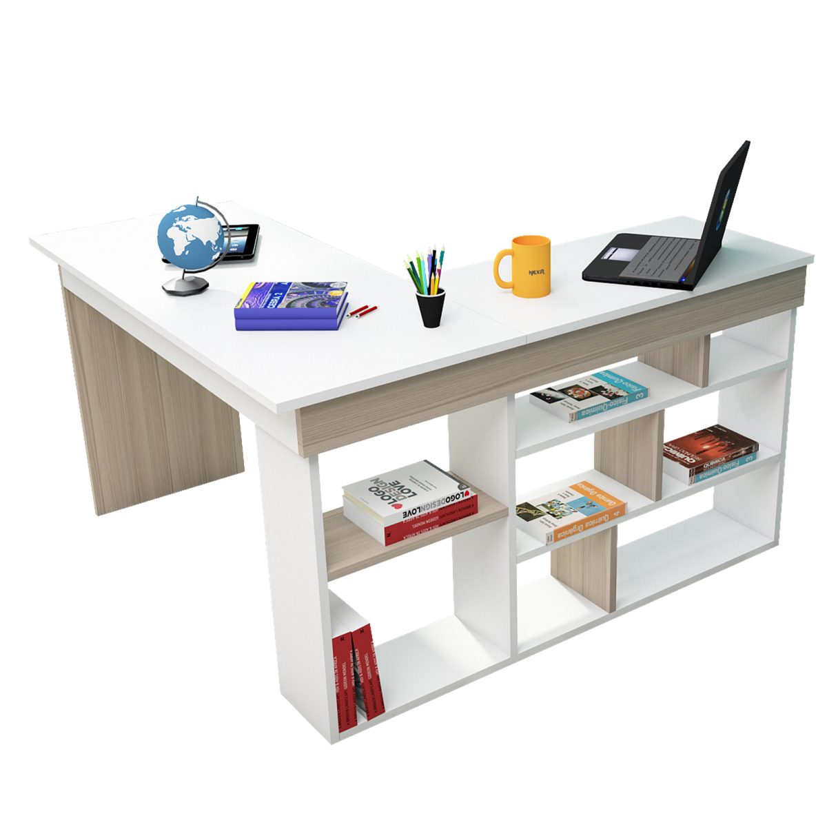 Beyaz ve meşe renkli çalışma masası