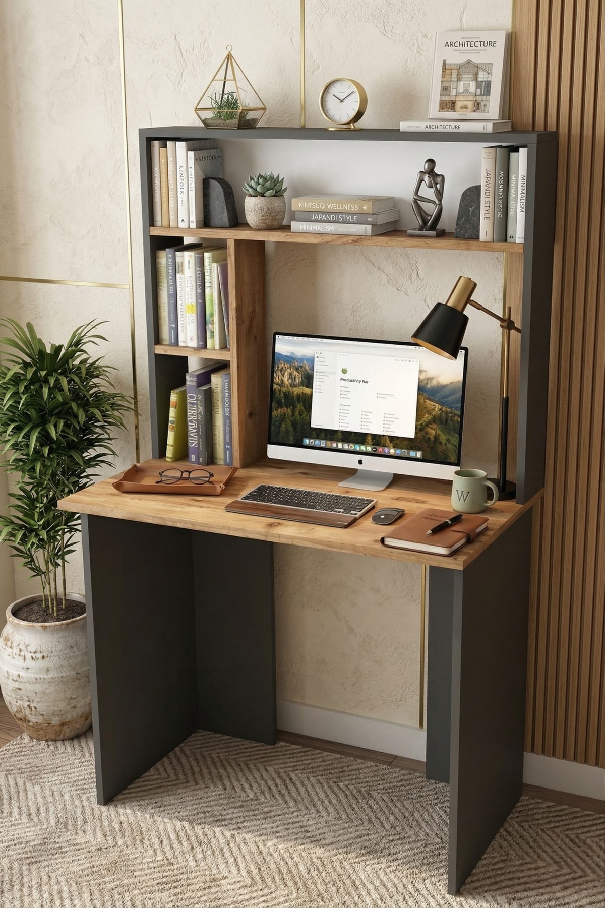 Bremen Çalışma Masası Kitaplık Raf Çam-Antrasit BR2-AA