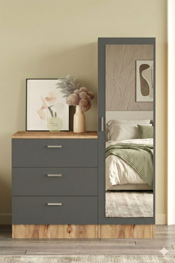 Nancy Aynalı Şifonyer Gardırop Çam-Antrasit CC6-AA