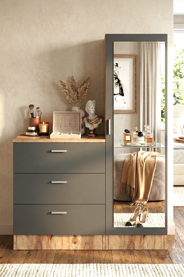 Nancy Aynalı Şifonyer Gardırop Çam-Antrasit CC6-AA
