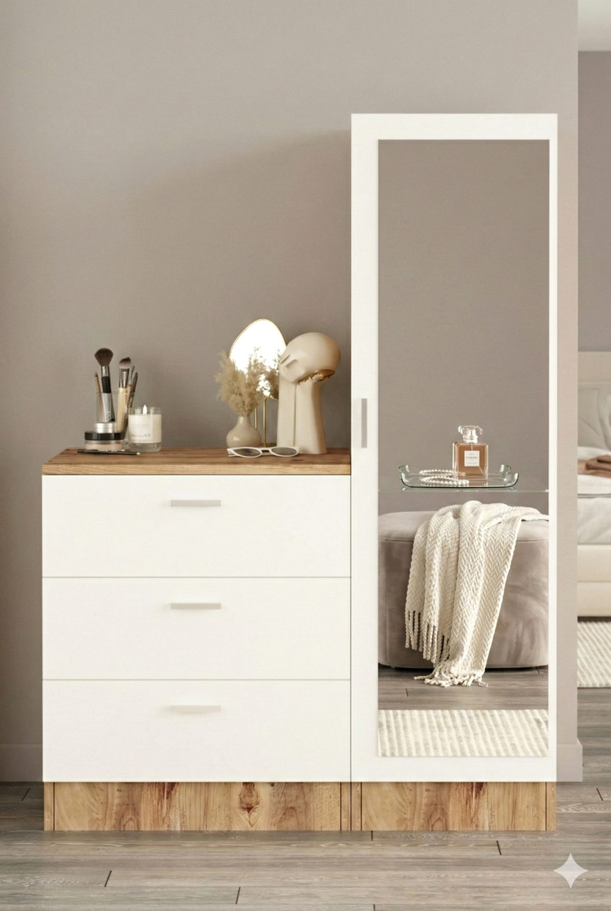 CC6-AW-1X Nancy Aynalı Şifonyer Gardırop Çam-Beyaz CC6-AW