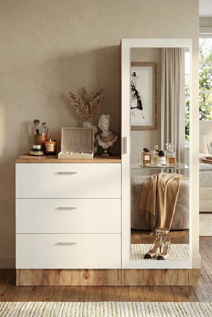 Nancy Aynalı Şifonyer Gardırop Çam-Beyaz CC6-AW