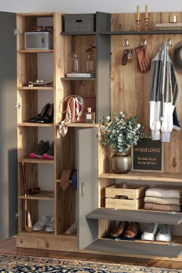 Wisdom Vestiyer Ayakkabılık Portmanto Aynalı Raf Çam-Antrasit DD5-AA