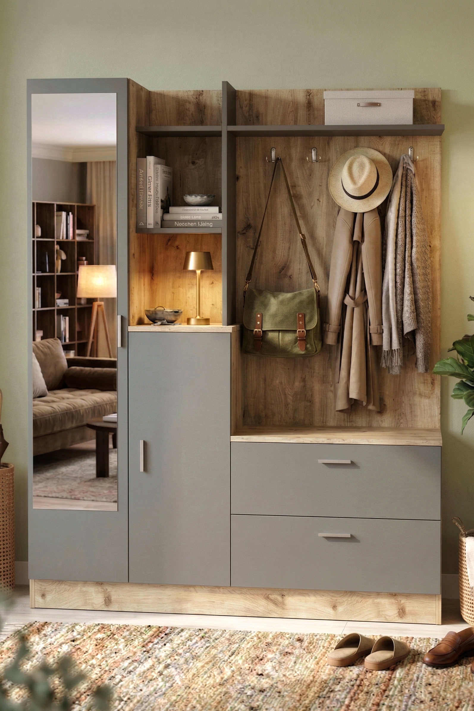 Wisdom Vestiyer Ayakkabılık Portmanto Aynalı Raf Çam-Antrasit DD5-AA