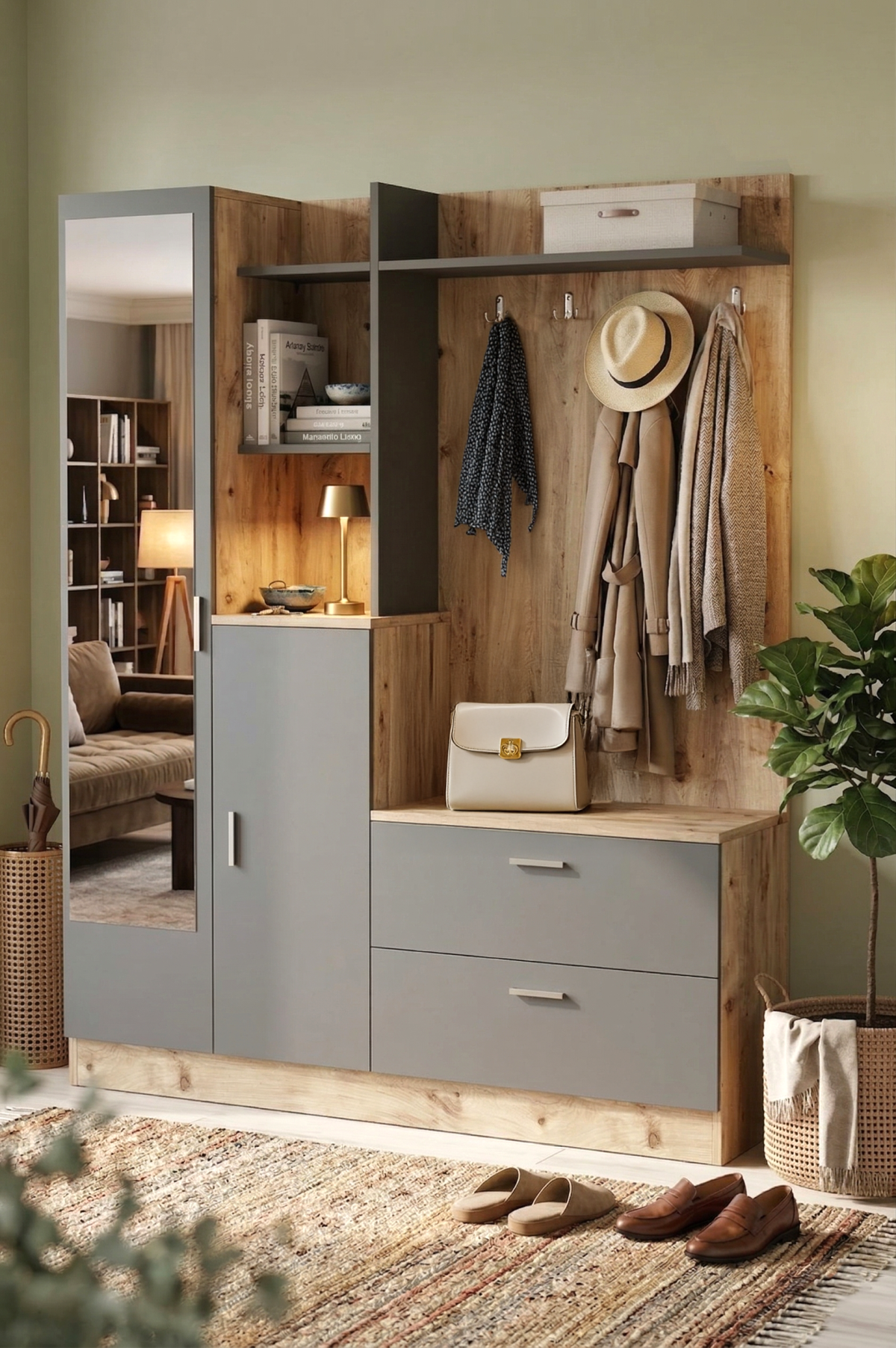 Wisdom Vestiyer Ayakkabılık Portmanto Aynalı Raf Çam-Antrasit DD5-AA