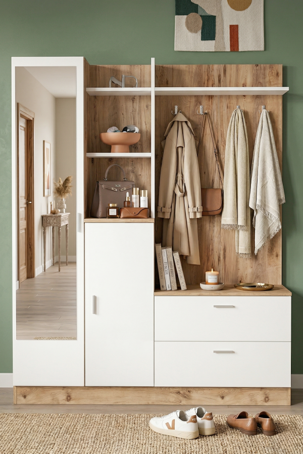 Wisdom Vestiyer Ayakkabılık Portmanto Aynalı Raf Çam-Beyaz DD5-AW