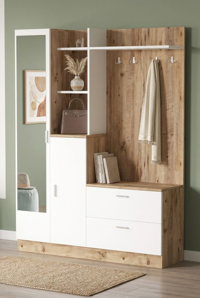 Wisdom Vestiyer Ayakkabılık Portmanto Aynalı Raf Çam-Beyaz DD5-AW