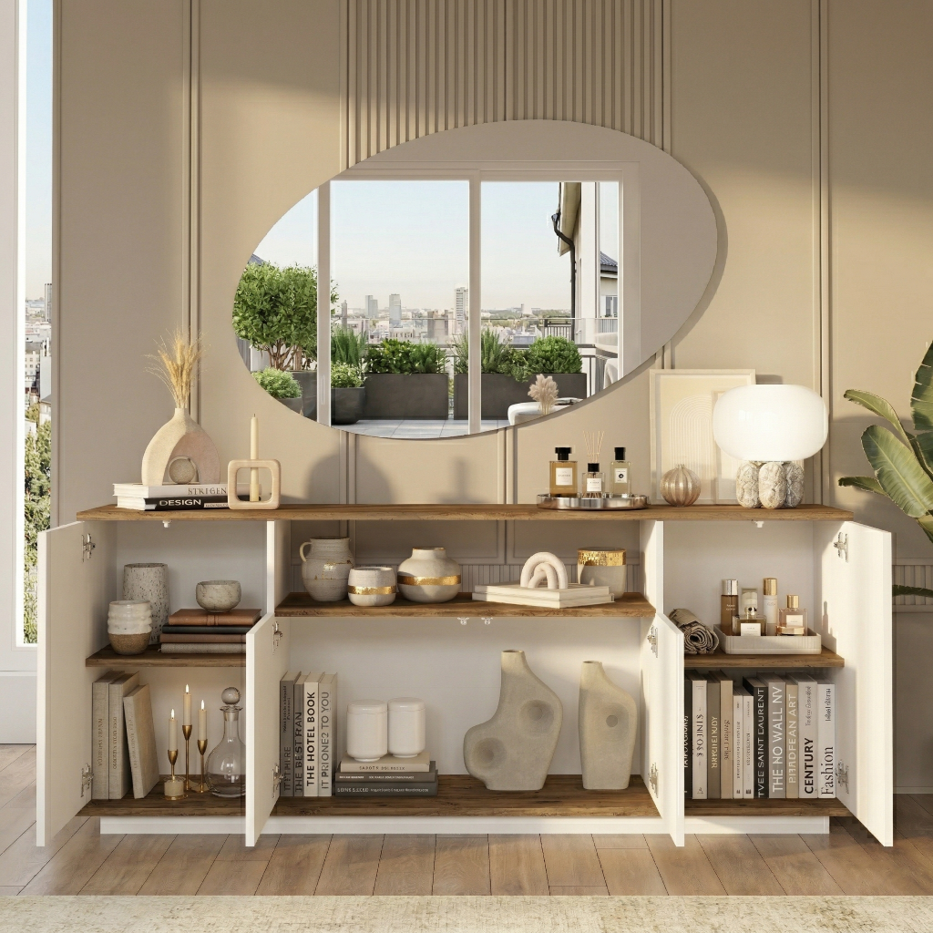 Future Konsol 4 Kapaklı Raflı 180cm Çam-Beyaz FR15-AW