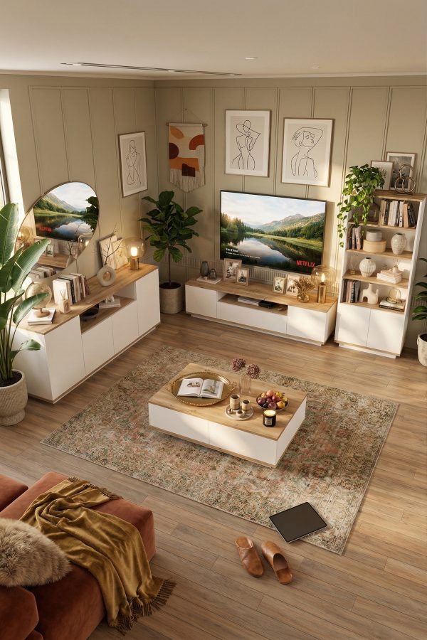 Future Tv Ünitesi Orta Sehpa Konsol Kitaplık 4'Lü Set Çam-Beyaz FR19-AW