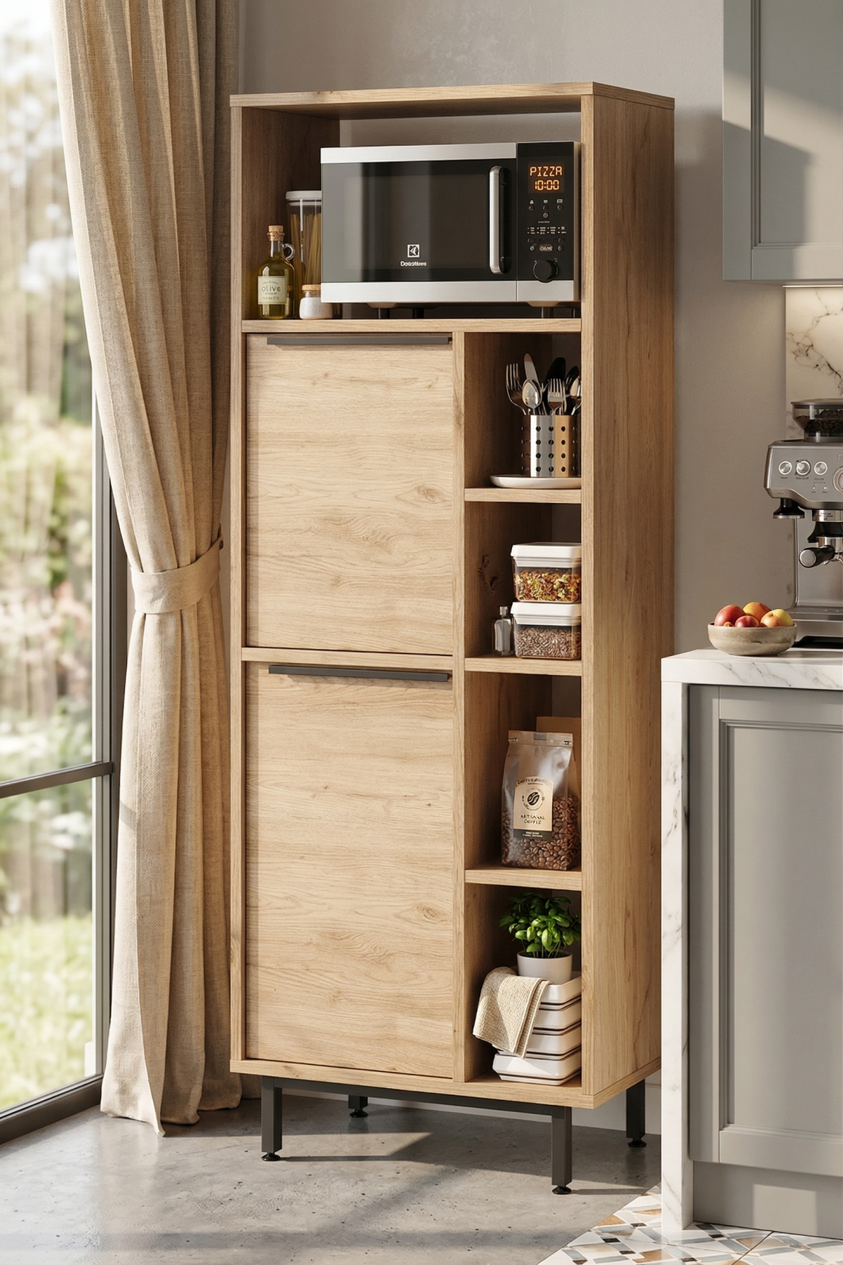 Ocean Mutfak Kiler Dolabı Mikrodalga 2 Kapaklı Raflı Metal Ayaklı Sepet ON10A-S