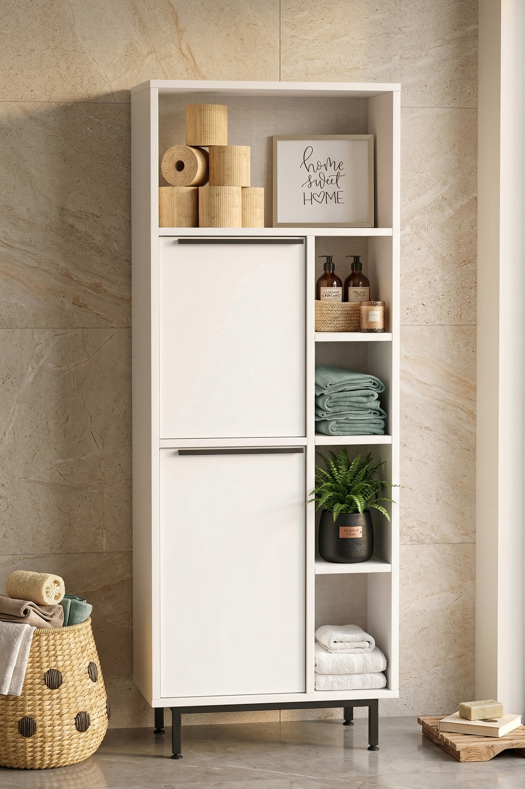 Ocean Banyo Dolabı Çok Amaçlı Dolap 2 Kapaklı Metal Ayaklı Beyaz ON10C-W