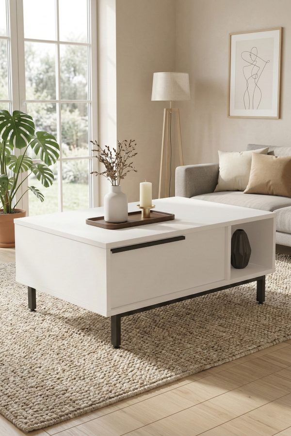 Ocean Orta Sehpa Metal Ayaklı Kapaklı Beyaz ON2-W