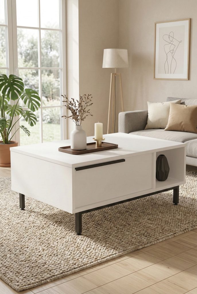 Ocean Orta Sehpa Metal Ayaklı Kapaklı Beyaz ON2-W