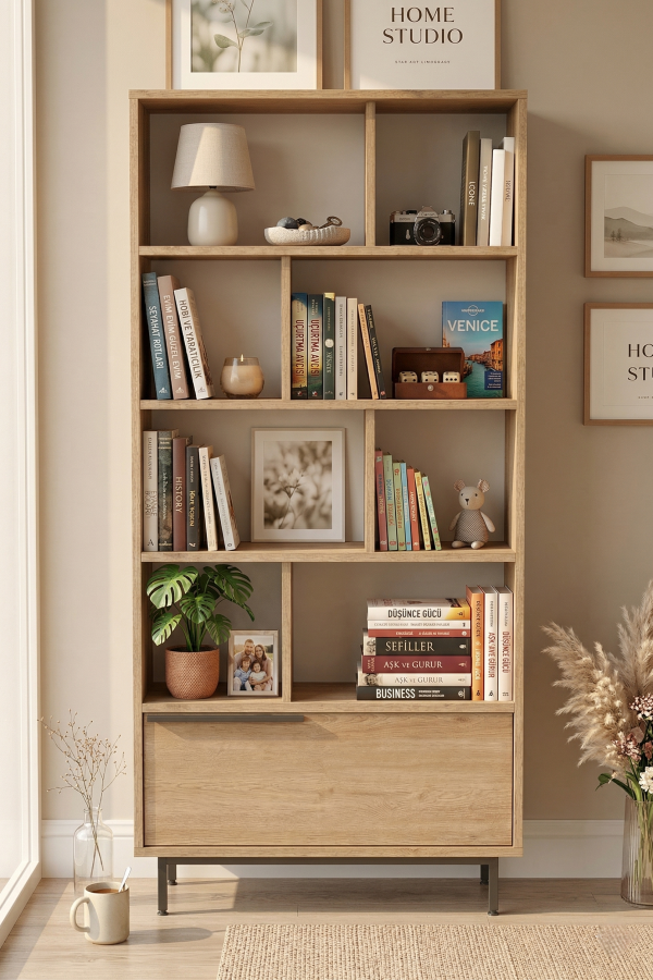 Ocean Kitaplık Raf Metal Ayaklı 176cm Kapaklı Sepet ON4-S