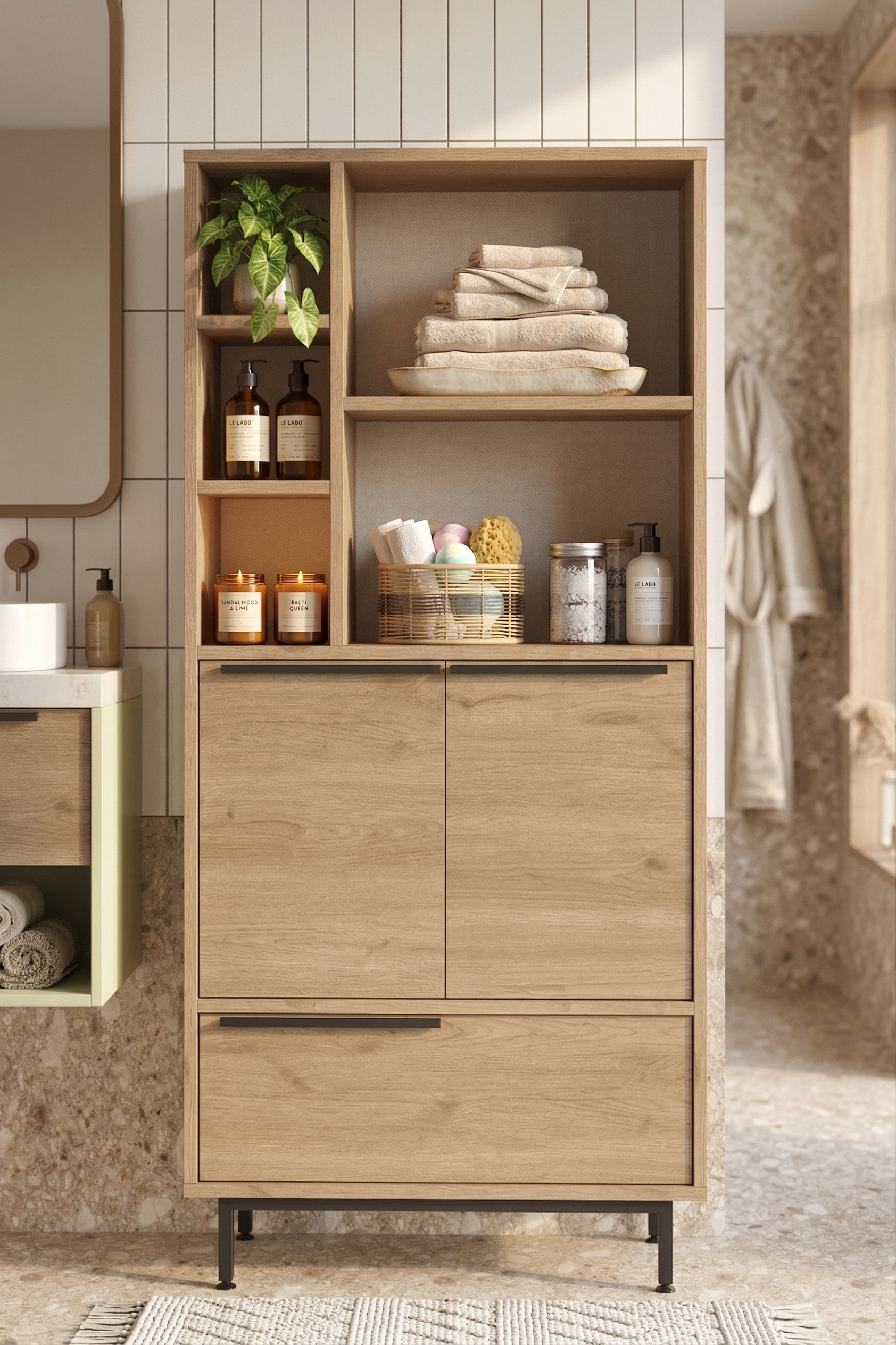 Ocean Banyo Dolabı Çok Amaçlı Dolap 3 Kapaklı Metal Ayaklı Sepet ON9C-S