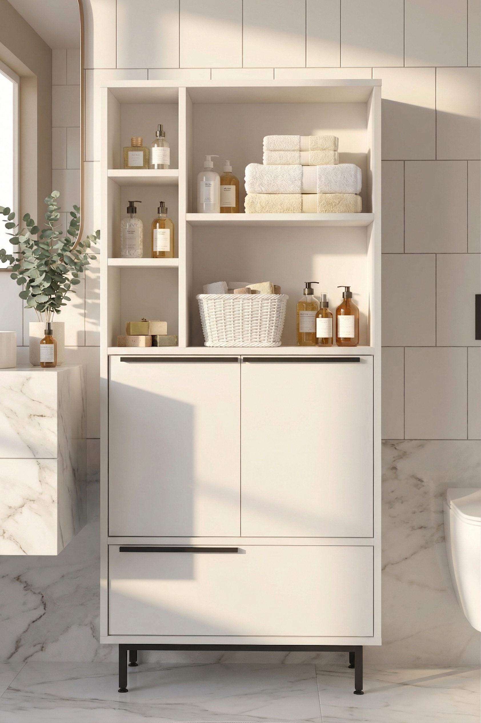 Ocean Banyo Dolabı Çok Amaçlı Dolap 3 Kapaklı Metal Ayaklı Beyaz ON9C-W