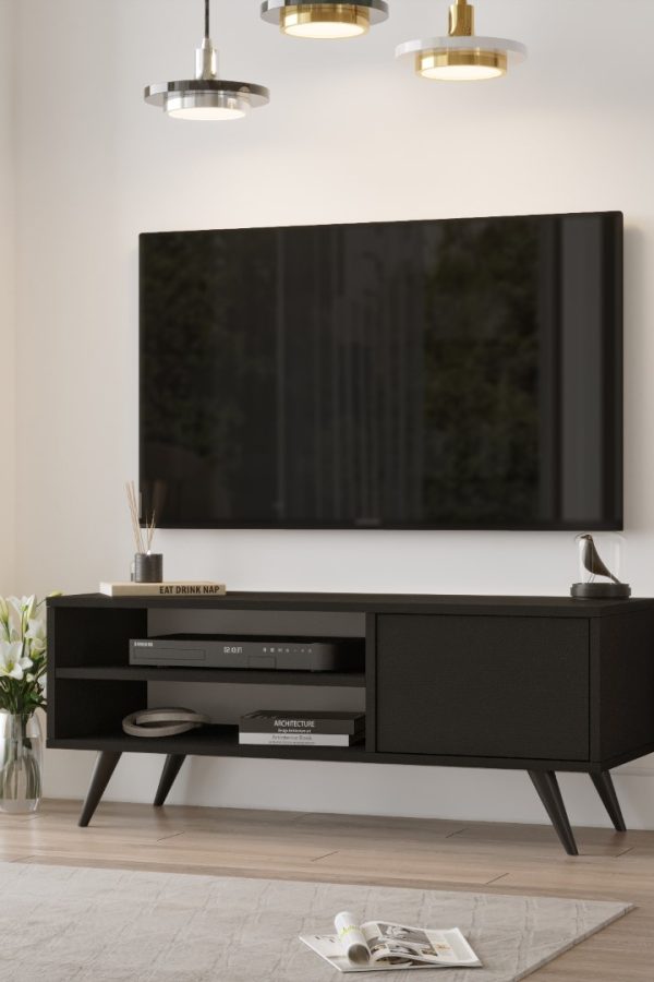 Cloud Tv Ünitesi Tv Sehpası Ahşap Ayaklı 110cm Ağaç Dokulu Siyah CD1-LB