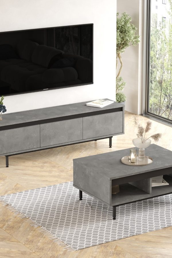 Luvio Tv Ünitesi Orta Sehpa Metal Ayaklı 2'Li Set Beton-Siyah LV33-RL