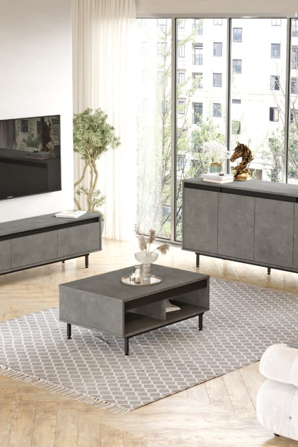 Luvio Tv Ünitesi Orta Sehpa Konsol Metal Ayaklı 3'Lü Set Beton-Siyah LV34-RL
