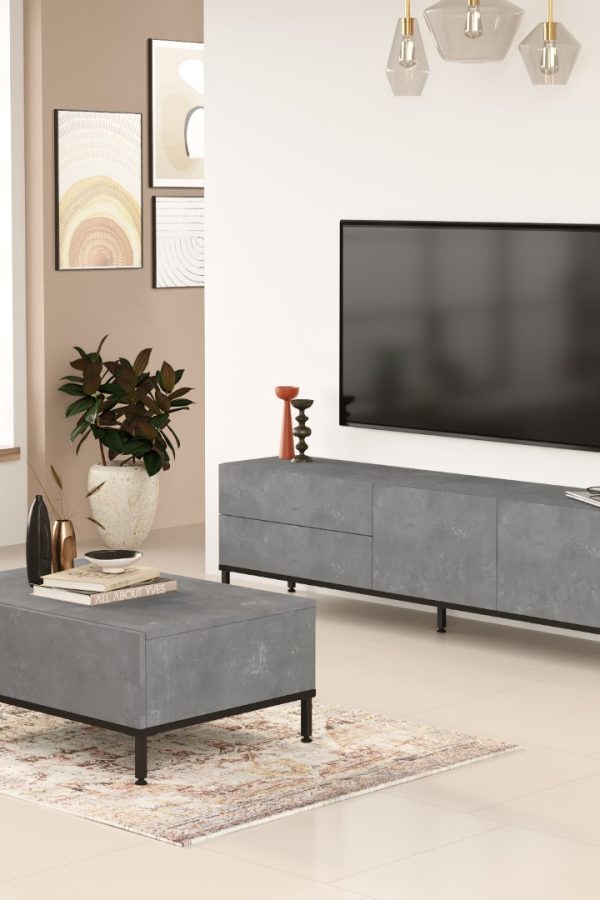 Luvio Tv Ünitesi Orta Sehpa Metal Ayaklı 2'Li Set Beton-Siyah LV35-RL