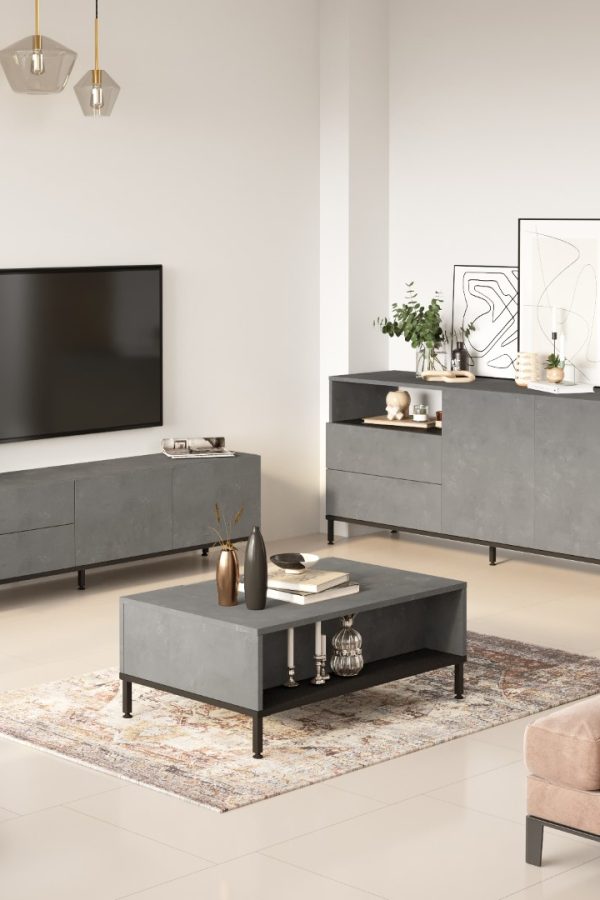 Luvio Tv Ünitesi Orta Sehpa Konsol Metal Ayaklı 3'Lü Set Beton-Siyah LV36-RL