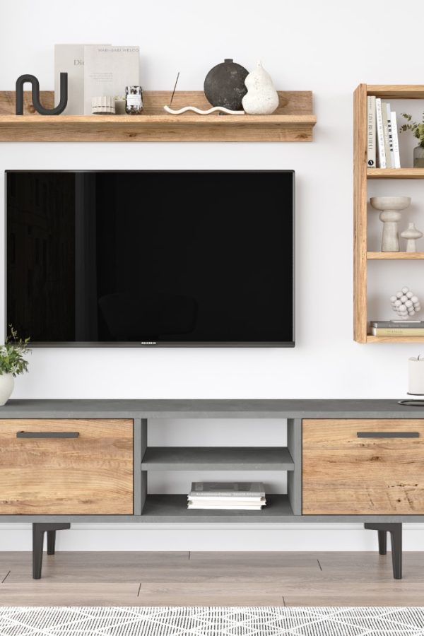 Mels Tv Ünitesi Tv Sehpası Kitaplık Raf 2 Kapaklı 138cm Çam-Beton MS2-AG