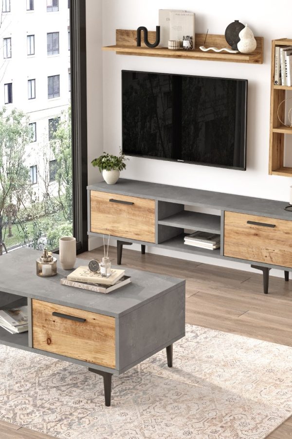 Mels Tv Ünitesi Raflı Orta Sehpa Çam-Beton MS5-GA