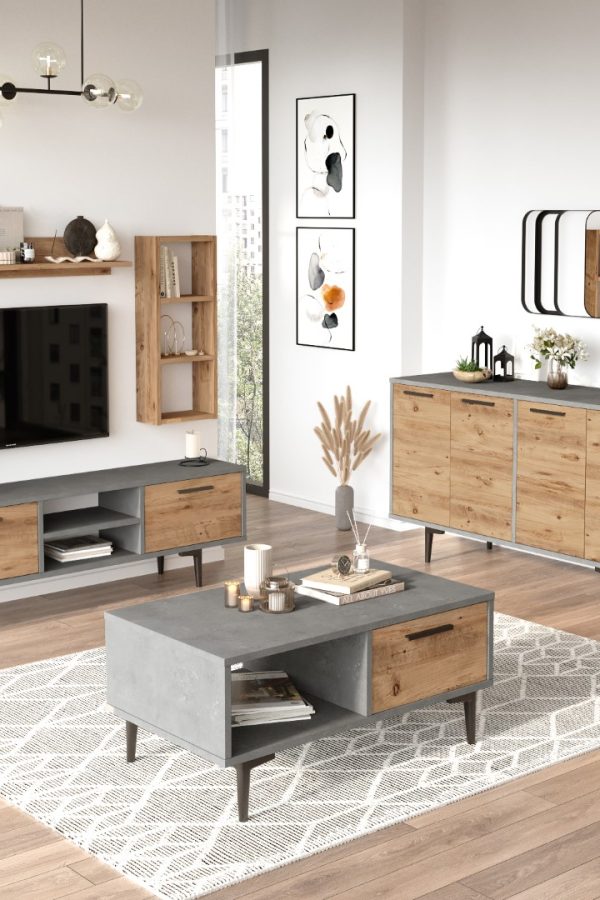 Mels Tv Ünitesi Raflı Orta Sehpa Çam-Beton Konsol MS6-GA