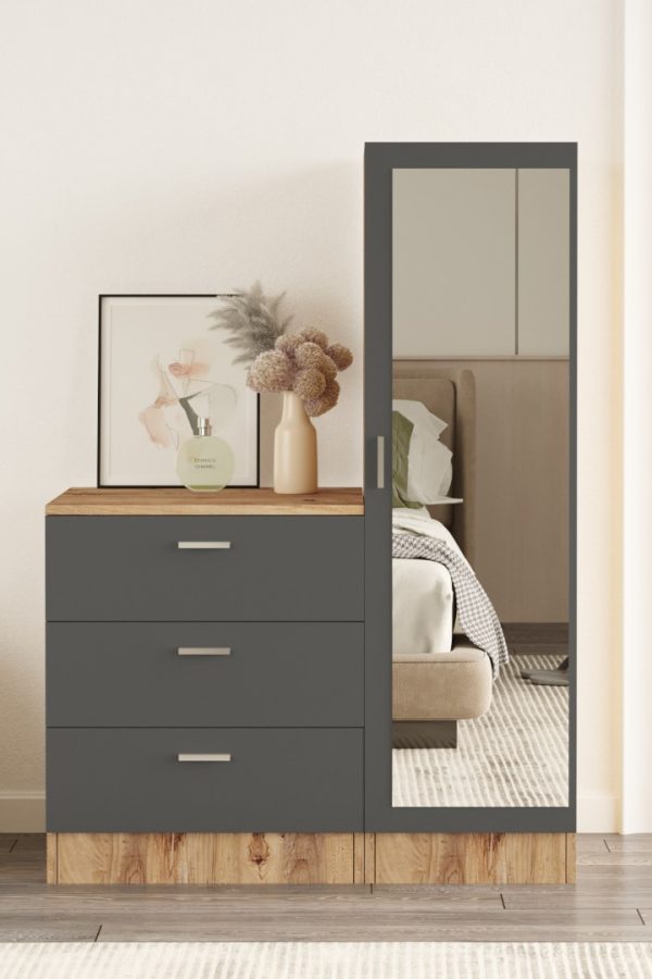 Nancy Aynalı Şifonyer Gardırop Çam-Antrasit CC6-AA