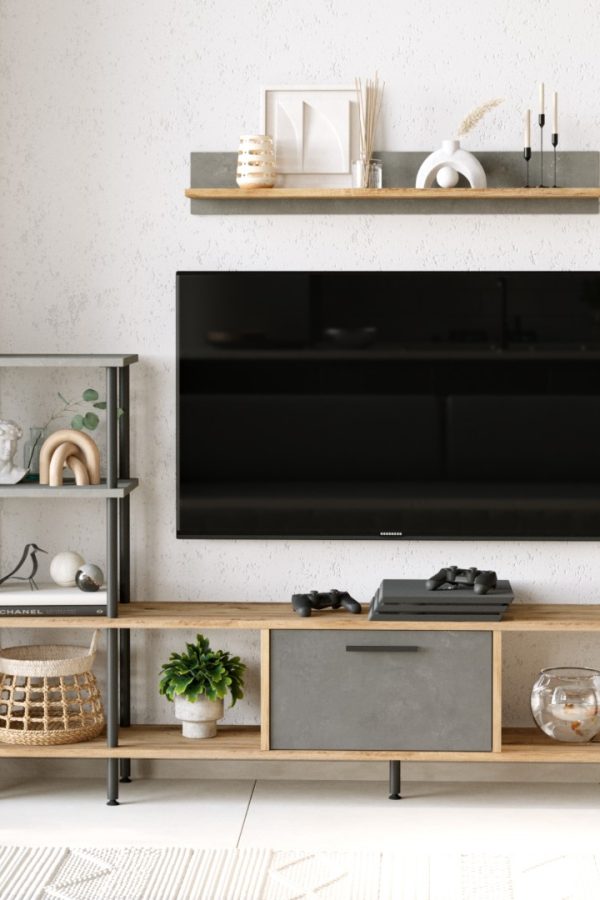 Noble Metal Tv Ünitesi Kapaklı Kitaplık Raf 160cm Atlantik Çam-Beton NB2-AG