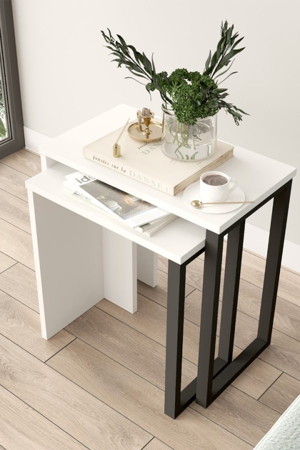 Ocean 2'Li Zigon Sehpa Yan Sehpa Metal Ayaklı Beyaz ON7-W