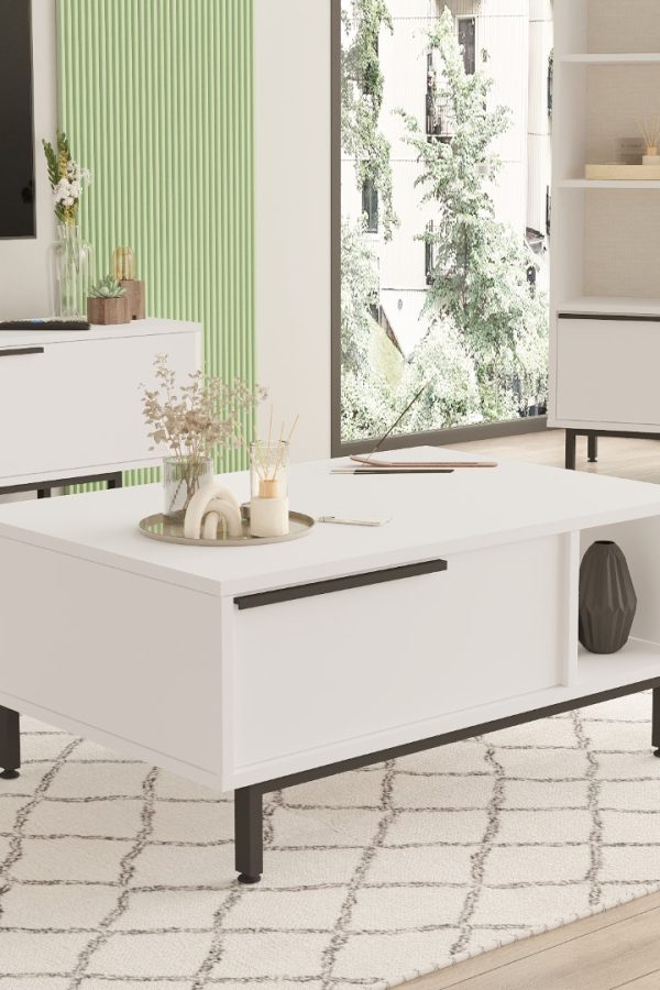 Ocean Orta Sehpa Metal Ayaklı Kapaklı Beyaz ON2-W