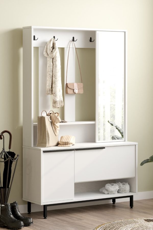 Ocean Portmanto Vestiyer Ayakkabılık Aynalı Metal Ayaklı Beyaz ON11-W