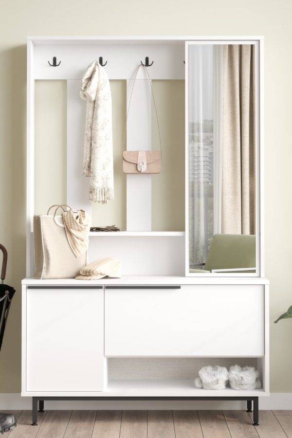 Ocean Portmanto Vestiyer Ayakkabılık Aynalı Metal Ayaklı Beyaz ON11-W