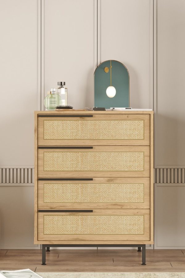 Ocean Şifonyer 4 Çekmece Metal Ayaklı Uv Baskı Sepet-Jüt ON17-SU