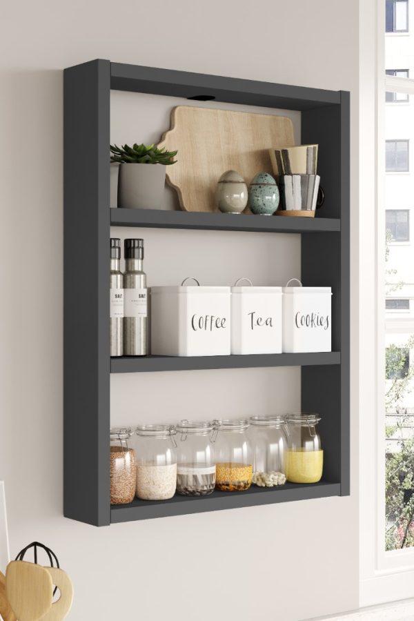 Pera 3'lü Duvar Rafı Mutfak Banyo Rafı Antrasit PR1-AN