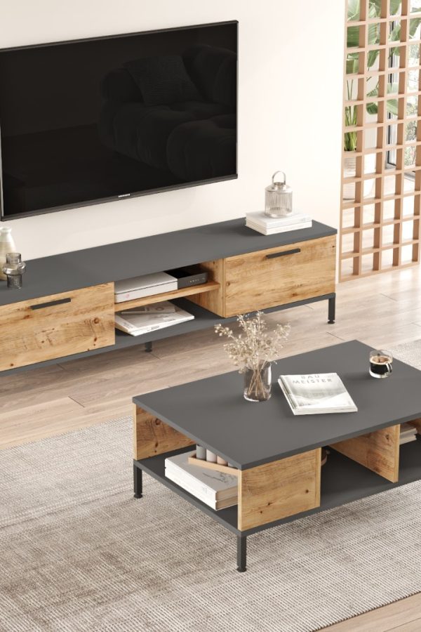 Royal Tv Ünitesi Orta Sehpa Metal Ayaklı 2'Li Set Çam RL5-AA