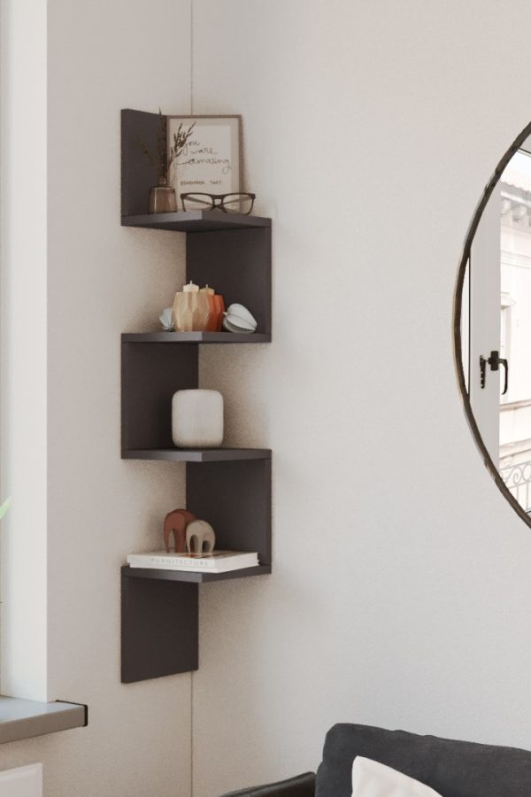 Shelf R9 Köşe Duvar Rafı Modern Kitaplık Antrasit WL9-AN
