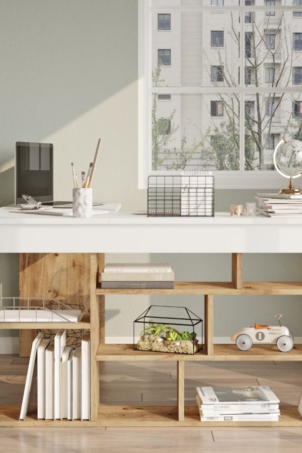 Tywin Kitaplık Raflı Çalışma Masası Çam-Beyaz CT5-AW