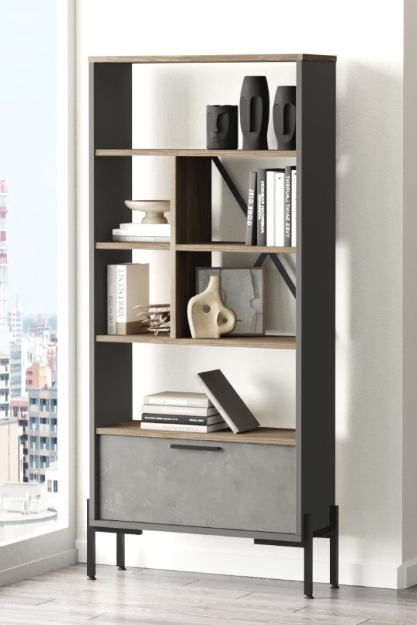 Vista D Ofis Kitaplık Metal Ayaklı Kahve-Beton-Antrasit VS4-CGA