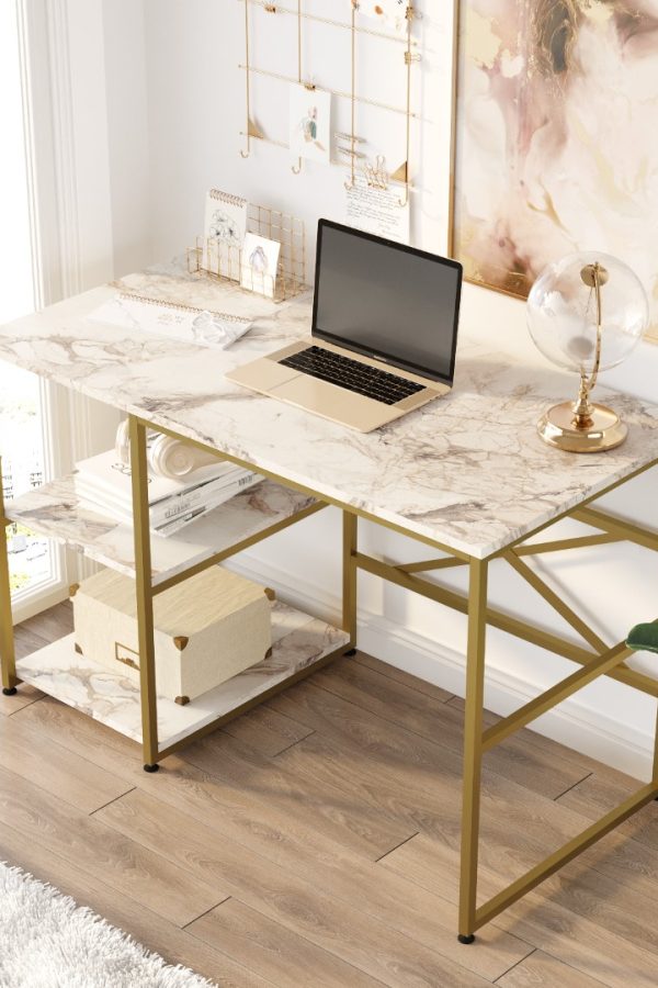 Voyage Gold Metal Çalışma Masası Raflı 120cm Mermer Desen VG23-GE