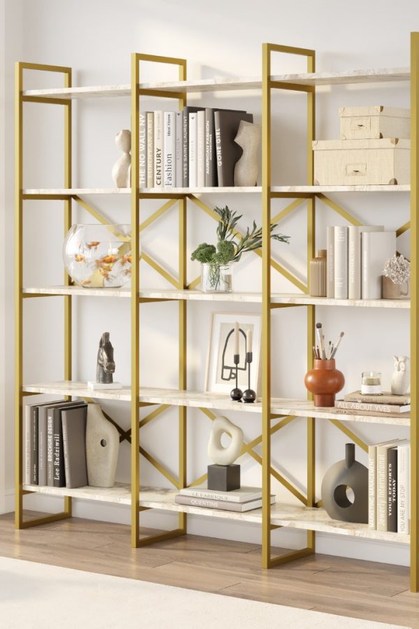 Voyage Gold Metal Kitaplık 5 Raflı Geniş 3 Bölme 175cm Mermer Desen VG6-GE