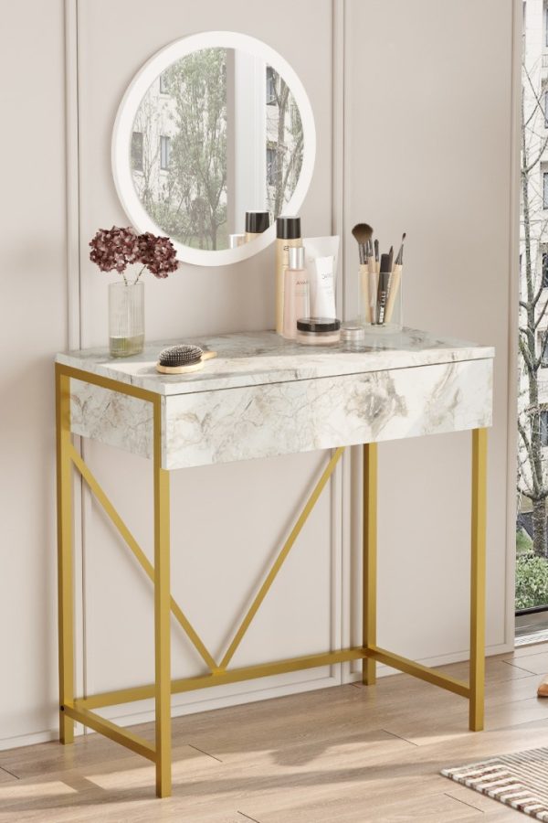 Voyage Gold Metal Makyaj Masası Aynalı Çekmeceli Mermer Desen VG33-GE