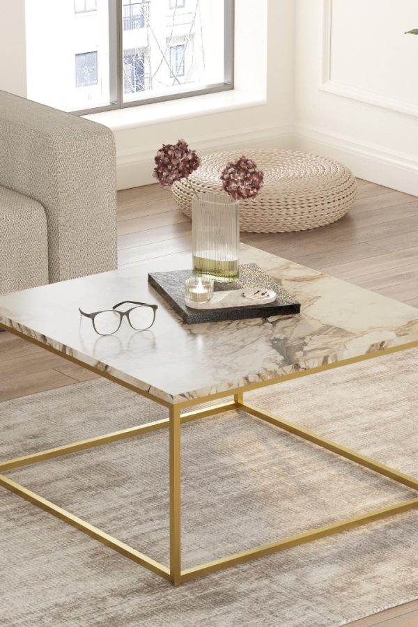 Voyage Gold Metal Orta Sehpa Kare Mermer Desen VG13-GE