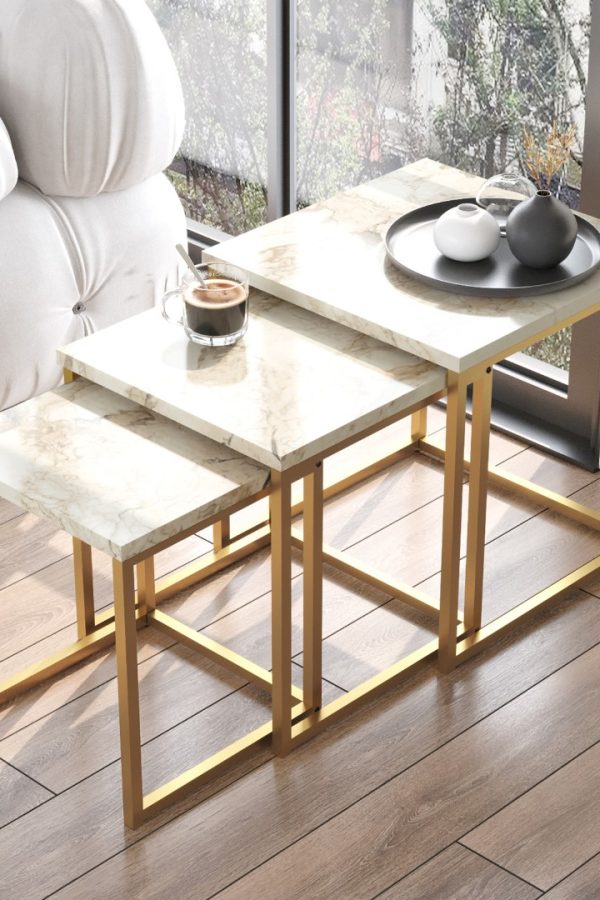 Voyage 3'Lü Gold Metal Zigon Sehpa Mermer Desen VG7-GE