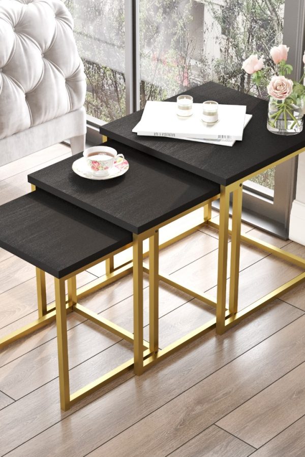 Voyage 3'Lü Gold Metal Zigon Sehpa Siyah VG7-LB