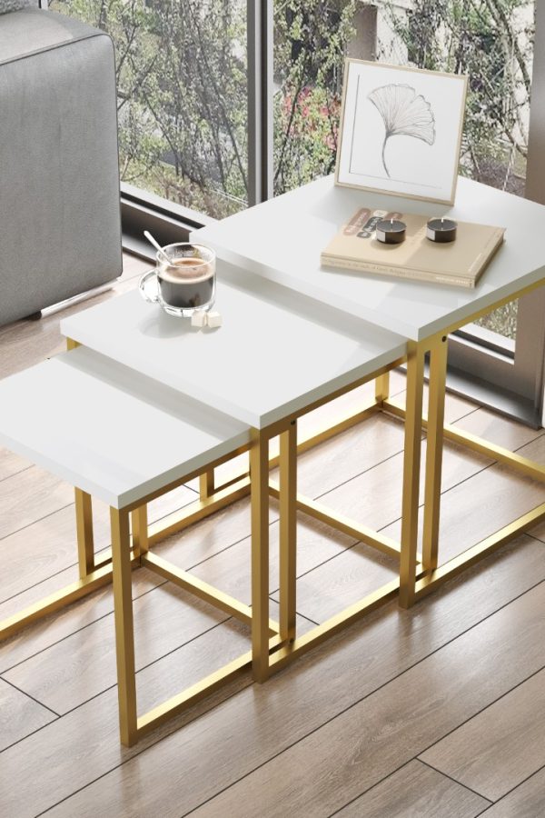 Voyage 3'Lü Gold Metal Zigon Sehpa Beyaz VG7-W