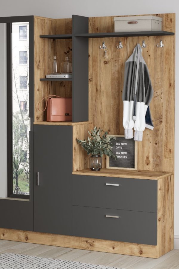 Wisdom Vestiyer Ayakkabılık Portmanto Aynalı Raf Çam-Antrasit DD5-AA