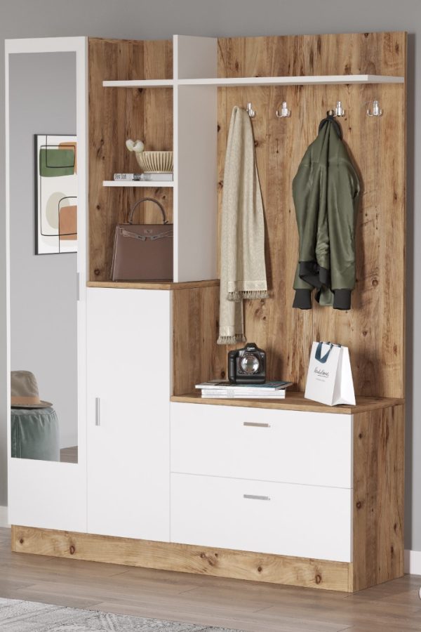 Wisdom Vestiyer Ayakkabılık Portmanto Aynalı Raf Çam-Beyaz DD5-AW