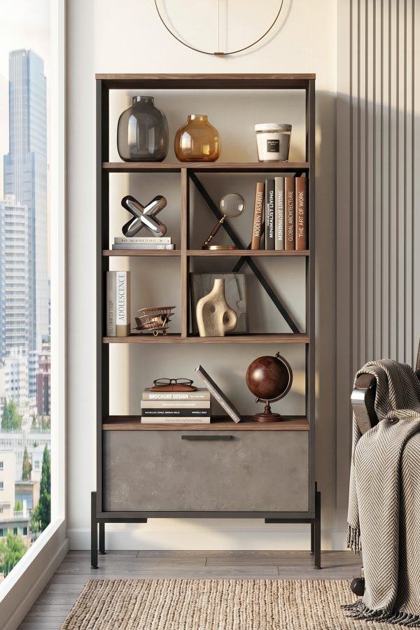 Vista D Ofis Kitaplık Metal Ayaklı Kahve-Beton-Antrasit VS4-CGA